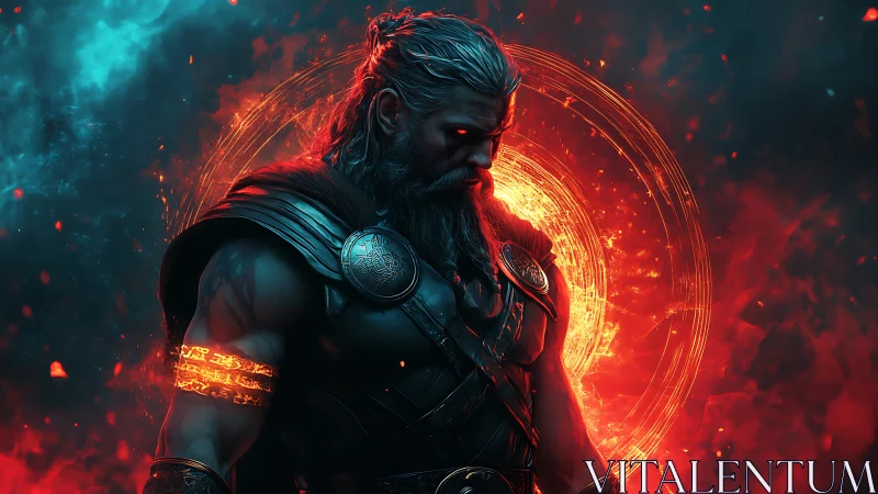 Mythic warrior in burning halo of arcane fire power.