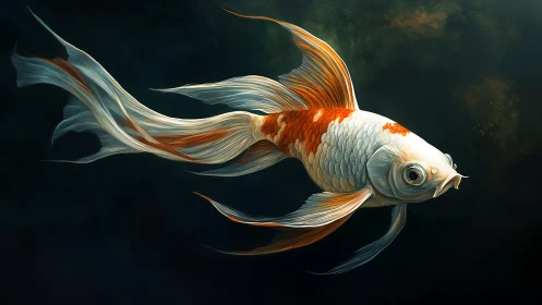Koi fish glides through dark water with flowing fins