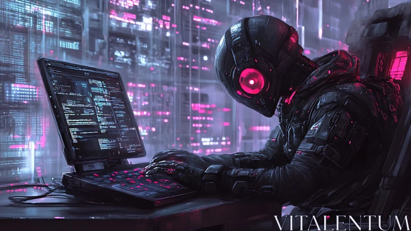 Neon-eyed cyber hacker bends code in a glowing data vault.