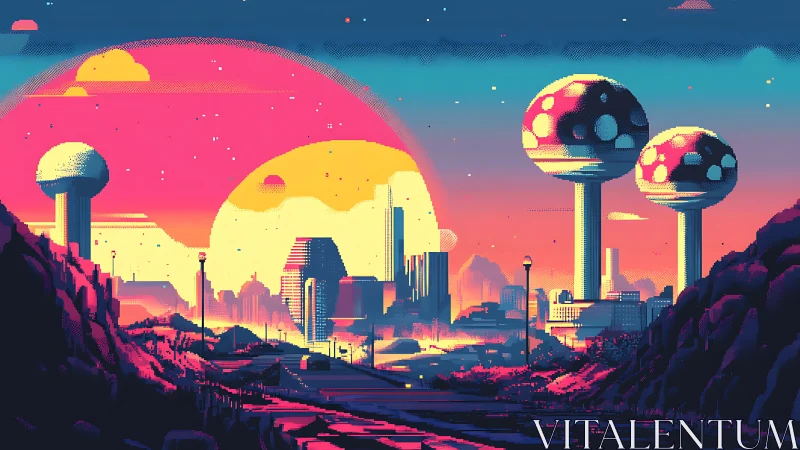 Neon sunset sci-fi city glows beneath colossal spheres.