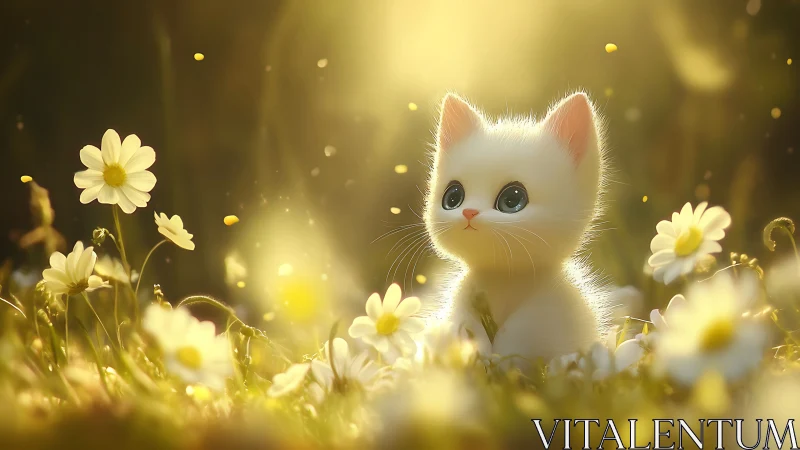 White kitten in golden daisy field with ethereal glow.