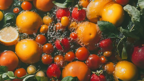High-contrast macro of tomatoes, strawberries and citrus in water