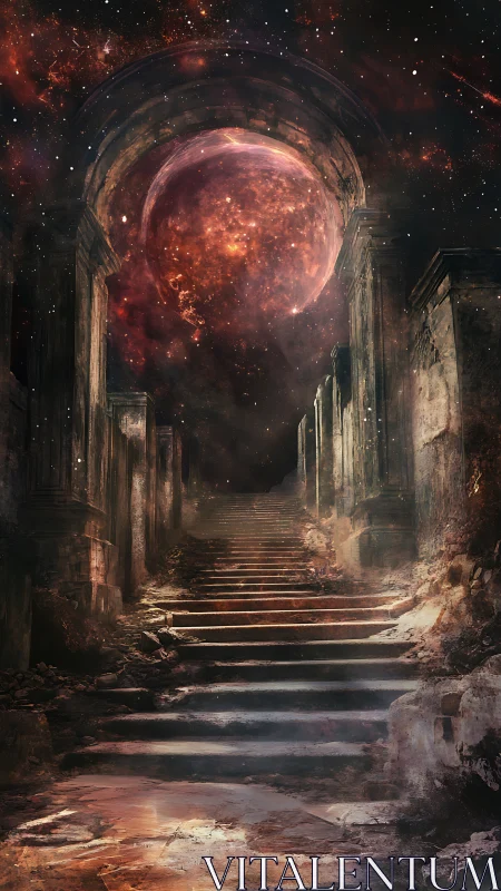 Ancient stone stairway leading to cosmic archway portal.