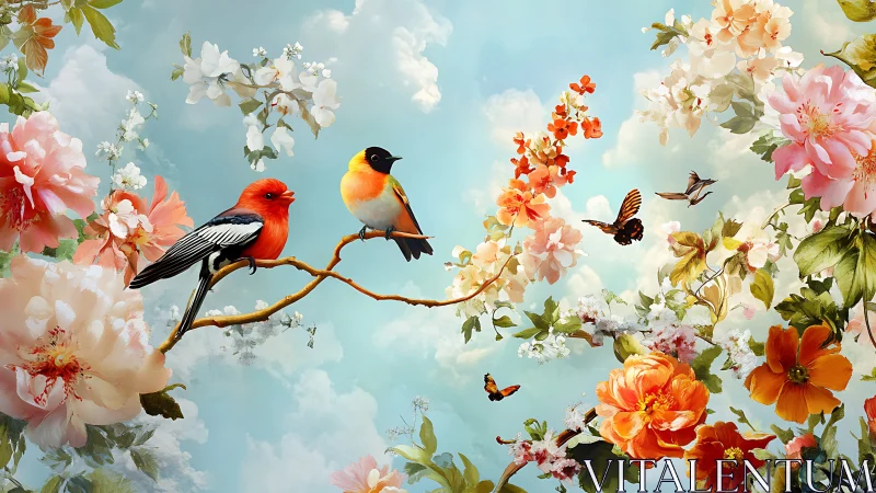 Vibrant songbirds on blooming branches, digital art with soft pastels.