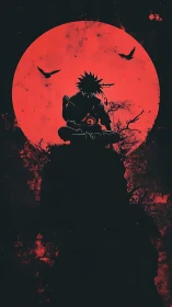 Silhouetted shinobi atop crag against oversized red moon.