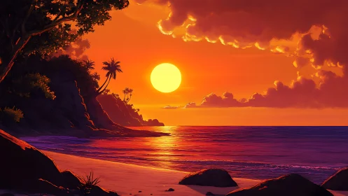 Tropical shoreline sunset in saturated orange and magenta light.