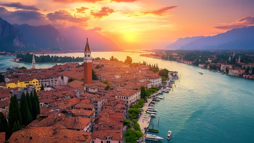 Sun-calibrated canal cityscape with terracotta roof lattice.