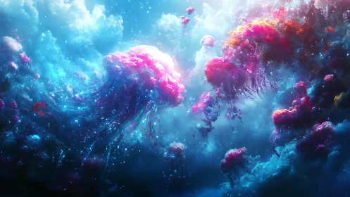 Neon jellyfish drift through glowing cosmic ocean clouds.
