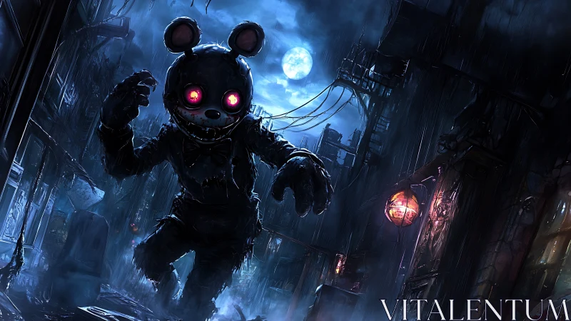 Gigantic cyborg bear animatronic advances through neon rain alley