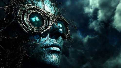 Cybernetic visage peers through stormlit mechanized goggles.