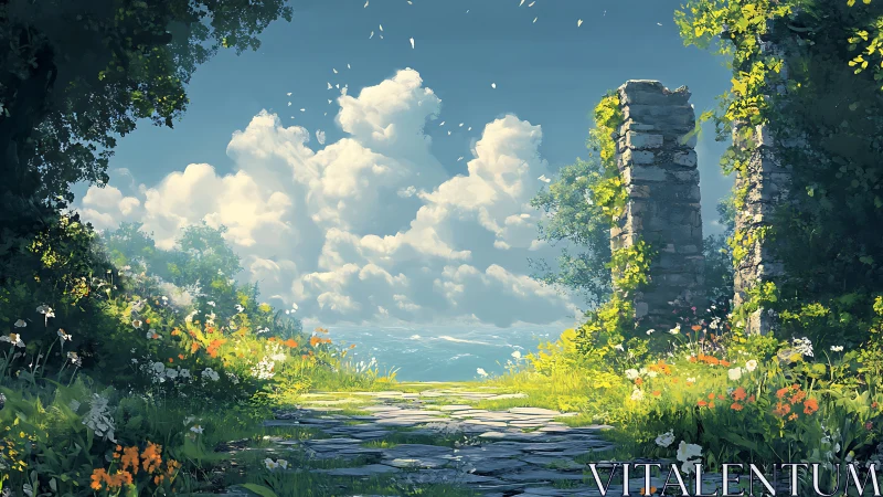 Sunlit stone path passes ruined gate toward distant sea