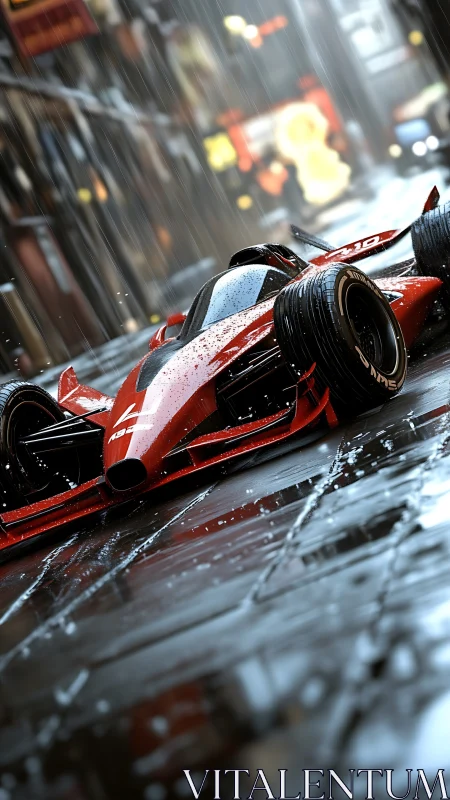 Red futuristic race car on wet city street at night.