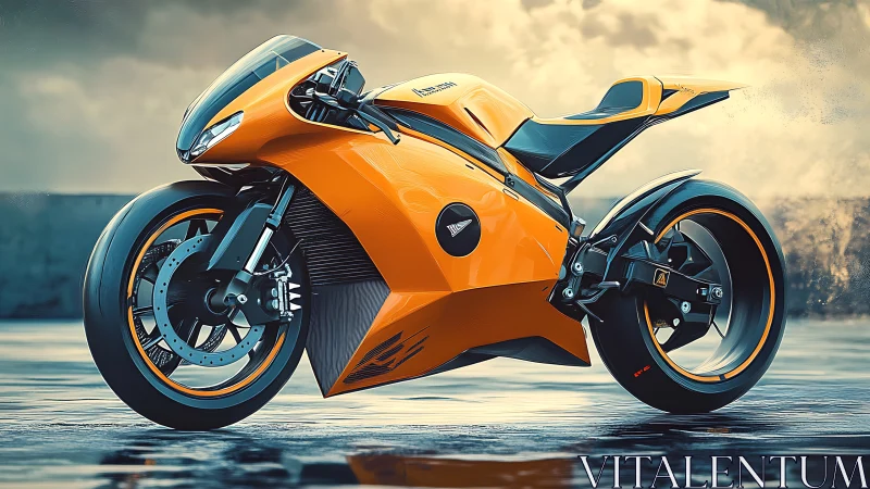 Electric superbike in vivid orange under stormy skyline.
