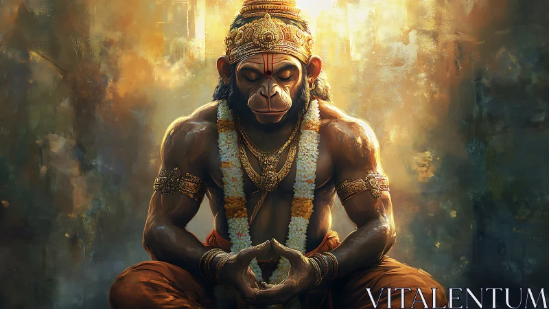 Majestic monkey deity meditates in radiant golden light.
