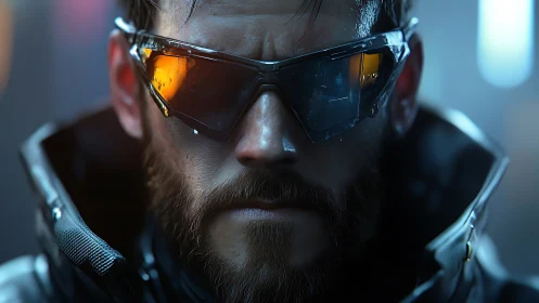 Cybernetic operative portrait in neon rim lighting focus.