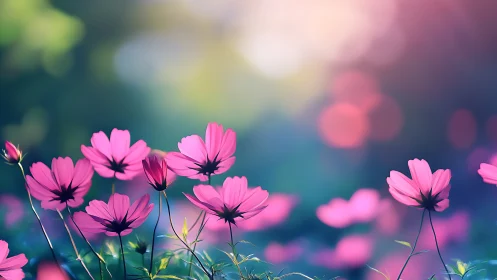 Cosmos Bipinnatus Flowers with Shallow Depth Field and Bokeh Rendering