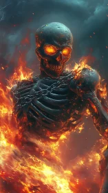 Flaming skeletal titan emerges from inferno storm sky.