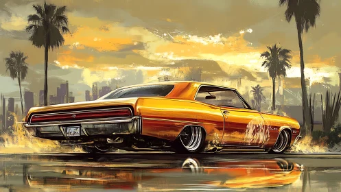 Lowrider muscle car rendered in dynamic sunset digital strokes