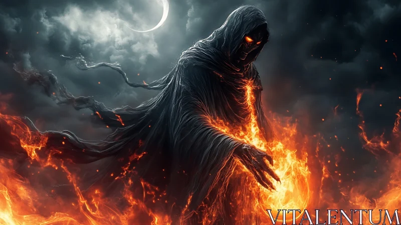 Hooded fire wraith conjuring infernal flames under crescent moon.