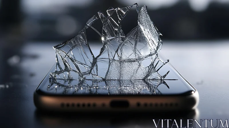 Shattered smartphone glass forms jagged crystalline sculpture.
