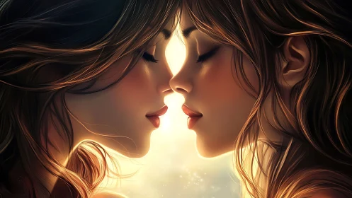 Two Female Profiles Converging in Radiant Golden Light.