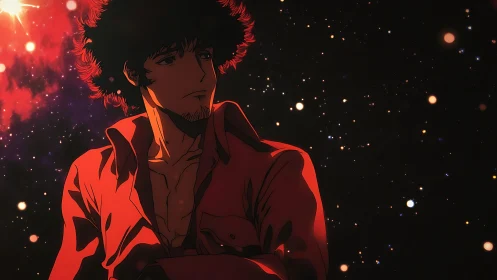 Stoic space drifter framed in red cosmic glow.