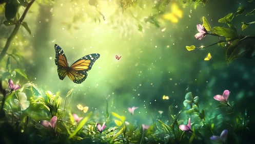 Monarch butterfly in volumetric backlight over shallow depth meadow