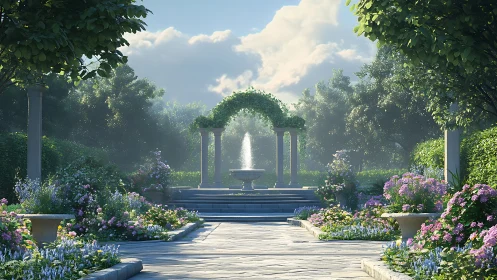 Sunlit fountain court where garden daydreams linger long.