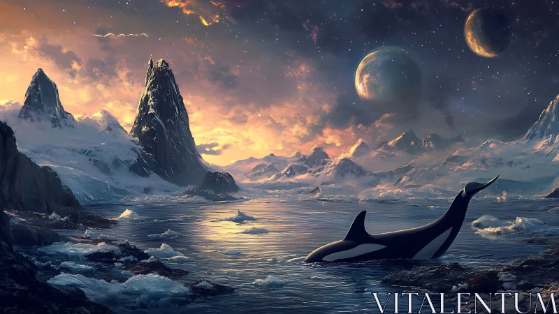 Orca swims through icy alien seascape under twin planets