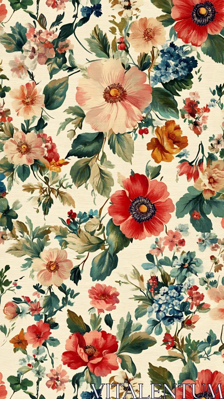 Vintage floral pattern renders layered botanical blooms digitally