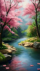 Spring river winds beneath blooming pink cherry trees