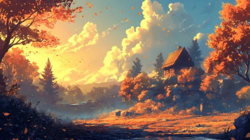 Autumn forest retreat with cottage under radiant sunset sky.