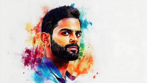 Vibrant male portrait emerges from splashed color clouds.