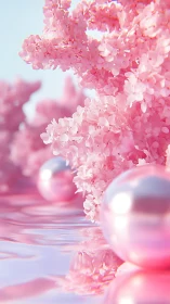 Rendered pink blossoms and reflective pearls occupy shallow water.