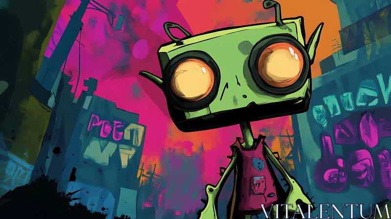 Neon alley robot kid wanders through a glitchy painted city.