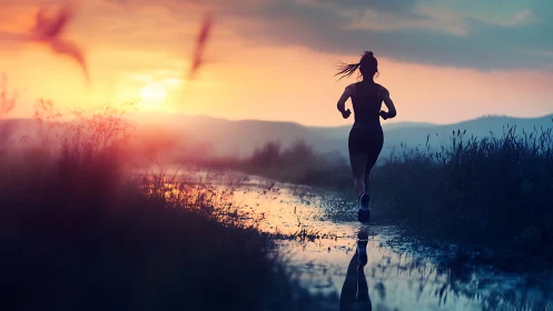 Silhouetted runner strides along reflective trail at sunrise