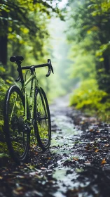 Green machine pauses on forest trail, contemplating verdant passage ahead