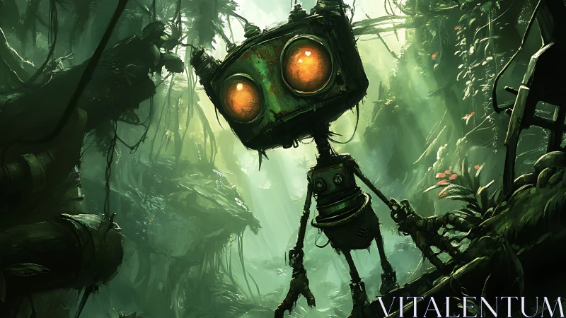 Rustic scout robot surveys overgrown cybernetic jungle terrain