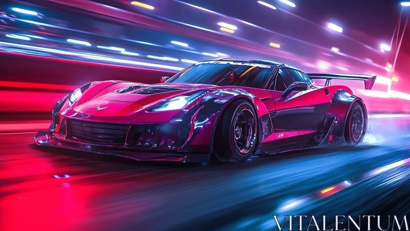 Neon lit red race car speeding through futuristic city