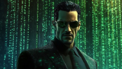 Cybernetic operator in cascading green matrix code field.
