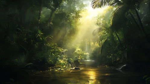 Luminous rainforest stream in atmospheric digital painting.