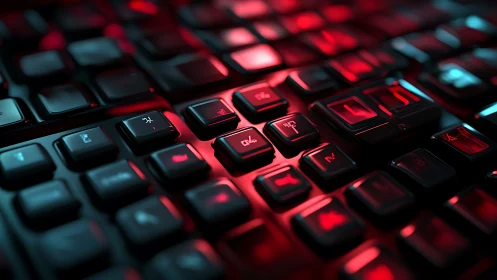 Neon-lit mechanical keyboard keys in cinematic red glow.