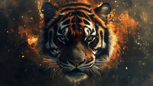 Combustive tiger portrait in pyro-dynamic digital rendering.