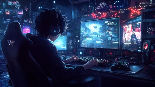 Night gamer at RGB battlestation in neon lit room.