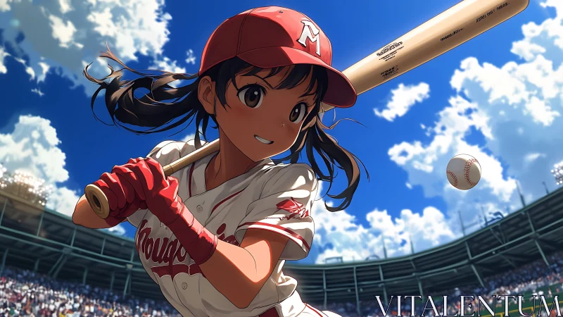 Anime girl batter ready to swing in sunny ballpark.