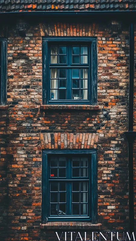 Quiet brick facade with teal windows and a watchful cat.