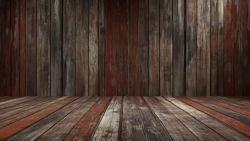 Weathered wooden room interior with rustic plank floor.