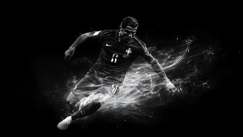 Explosive soccer forward surges through swirling light energy
