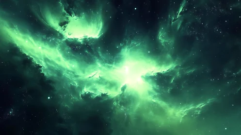 Emerald nebula spreads luminous wings across deep space.