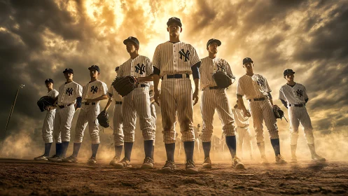 Dramatic low-angle portrait of baseball team in storm light.